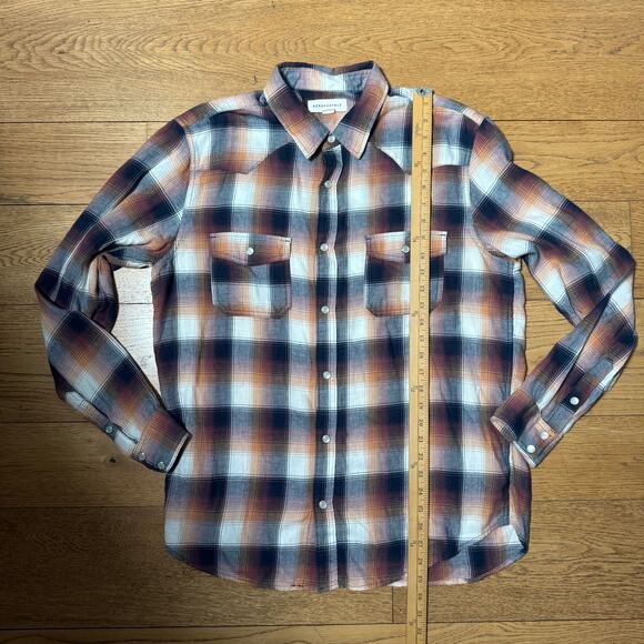 Aeropostale Men Pearl Snap Flannel Shirt SZ L Plaid Western Orange Black Burgund - Picture 6 of 6